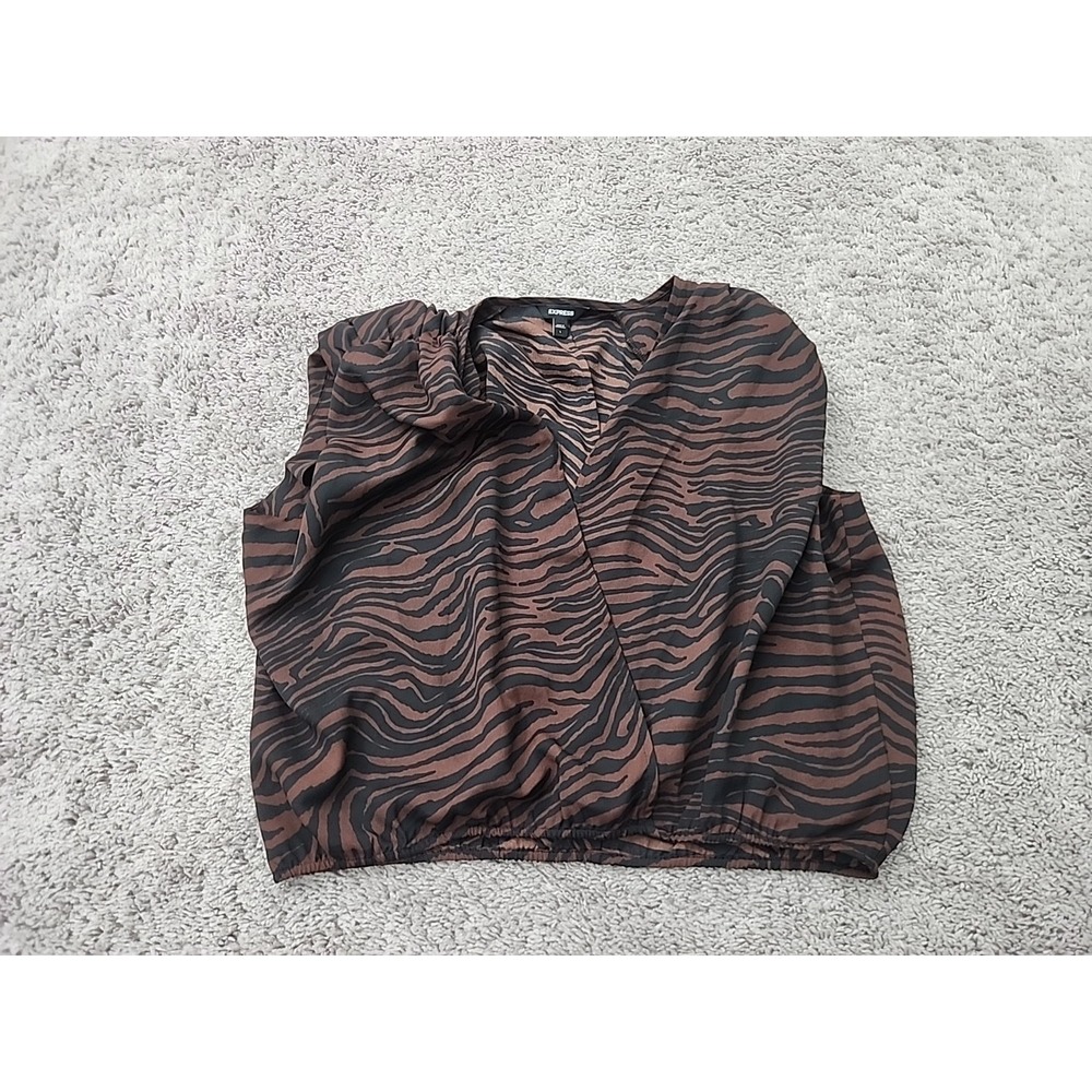 Express Blouse Womens L Brown Black Animal Print Sleeveless Wrap Elastic Hem Y2k